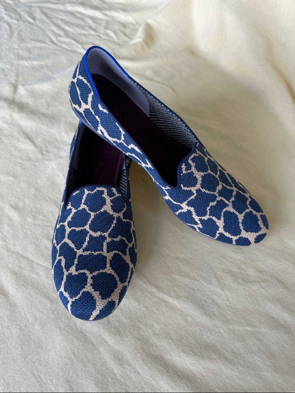 Rothy's Navy Blue and Gold Giraffe Loafers